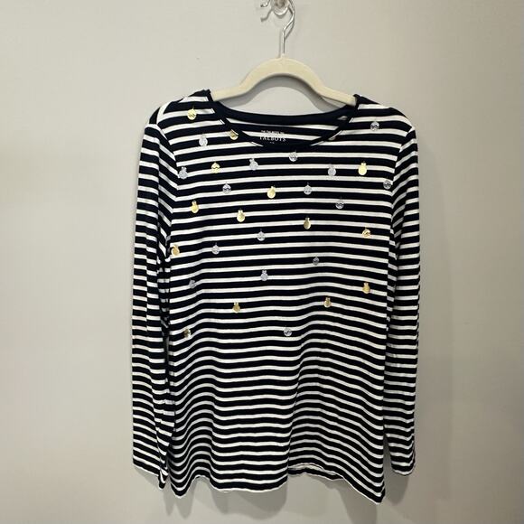 TALBOTS CREWNECK LONG SLEEVE STRIPED NAVY TEE - SHIMMER STRIPE ORNAMENT 1X - Picture 1 of 6